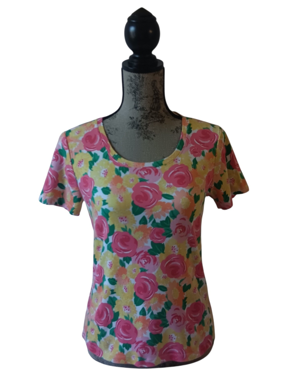 White Stag Pink & Yellow Floral Scoop Neck Short Sleeve Top